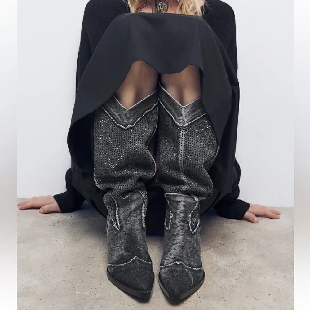 NWT Zara Rhinestone Denim Cowboy Boots - Picture 3 of 12